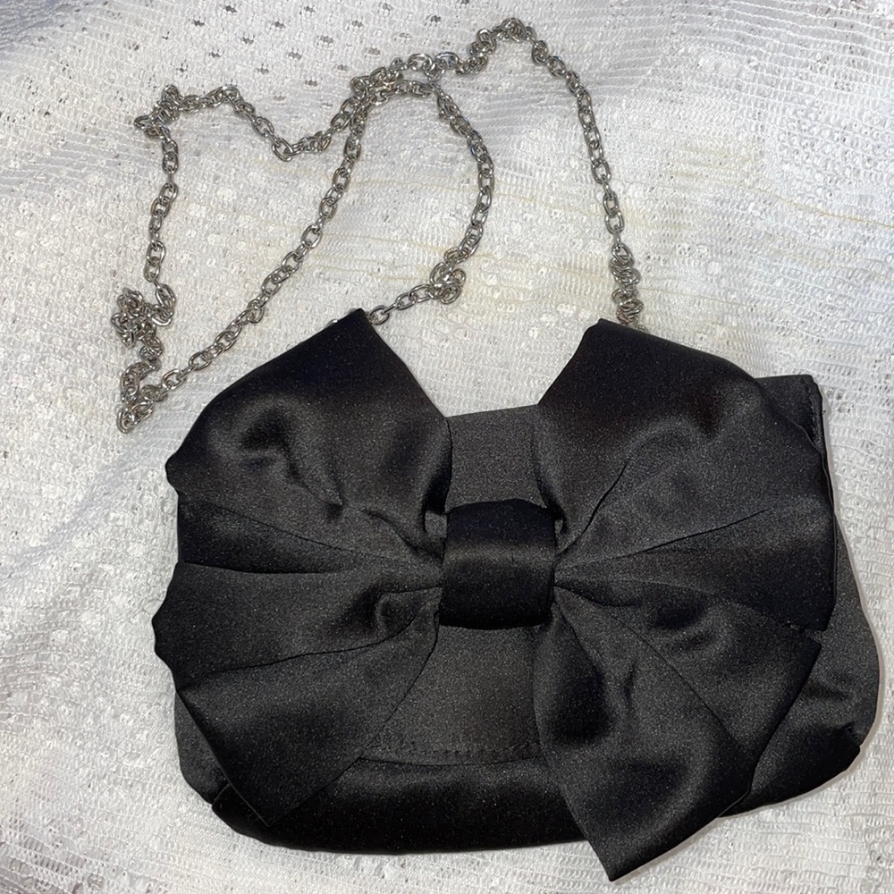 RSVP Black Bow Clutch Purse Silver Chain Strap